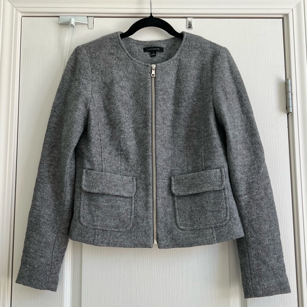 Ann Taylor Smokey Gray Boiled Wool Zip Front Pocket Jacket, Nwot